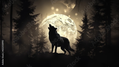 Artistic decoration featuring selective focus on a silhouette of a wolf howling against a moonlit sky and barren forest