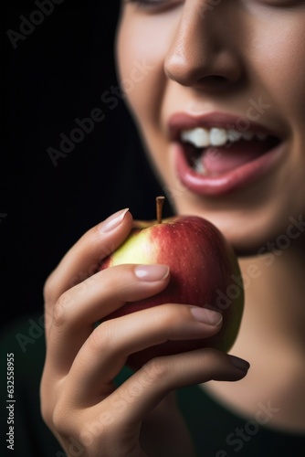 a cropped closeup of a woman eating an apple