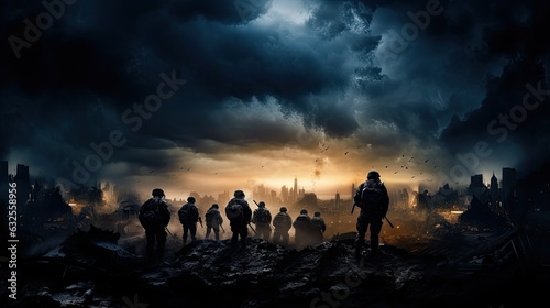 War scene with silhouette soldiers fighting in a ruined city under a cloudy sky
