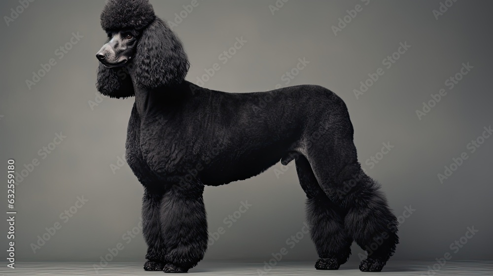 Fototapeta premium Black poodle standing in studio on gray background