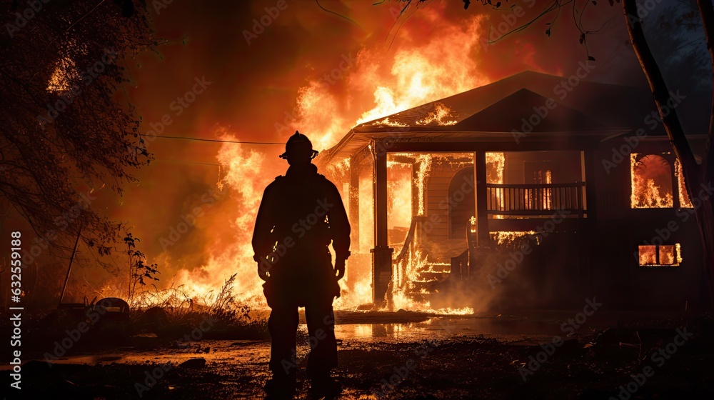 Fototapeta premium Silhouetted firefighter attempts to put out burning house