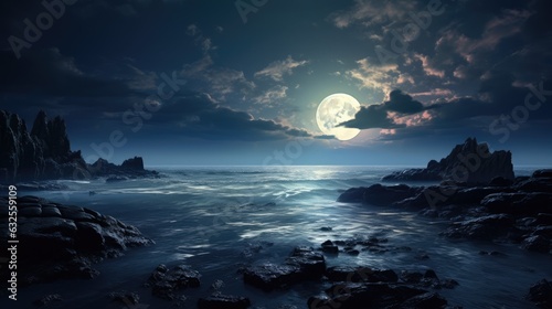 Moonlight reflecting on the sea with clouds and rocky landscape beneath photo