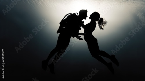 Scuba diving silhouette couple