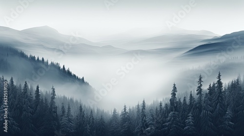 Concepts related to environment ecology climate change and sustainability depicted in foggy winter coniferous forest hills and valleys © HN Works