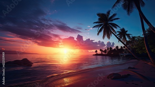 Tropical paradise at dusk with palm trees and ocean © HN Works