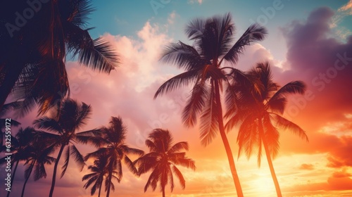 Vintage tone and bokeh lights enhance the sunset vacation scene with palm trees