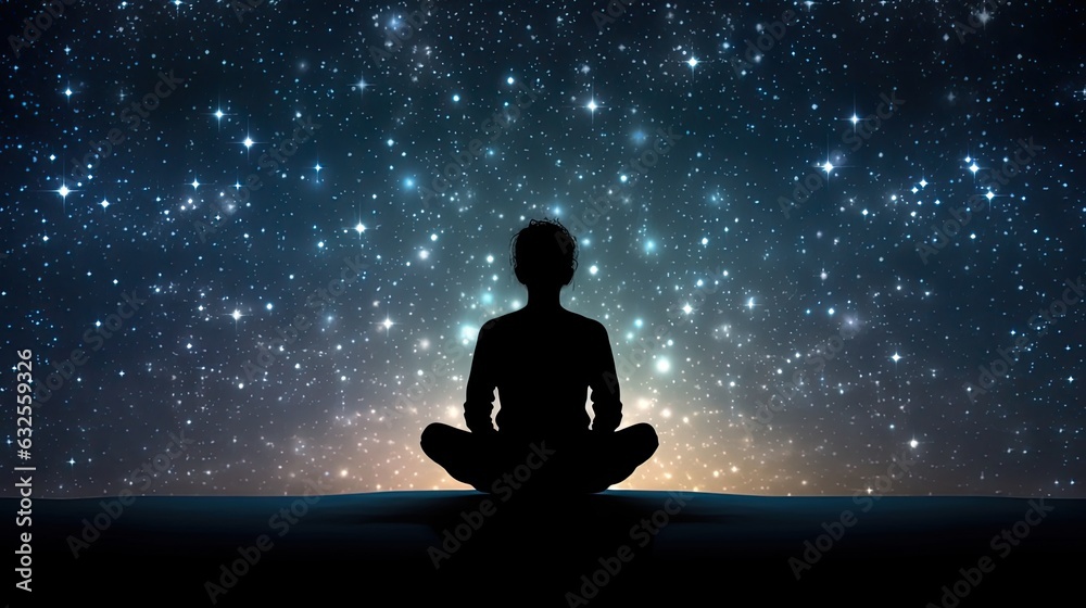 Human silhouette sitting amid starry background engrossed in yoga meditation for relaxation and psychological well being