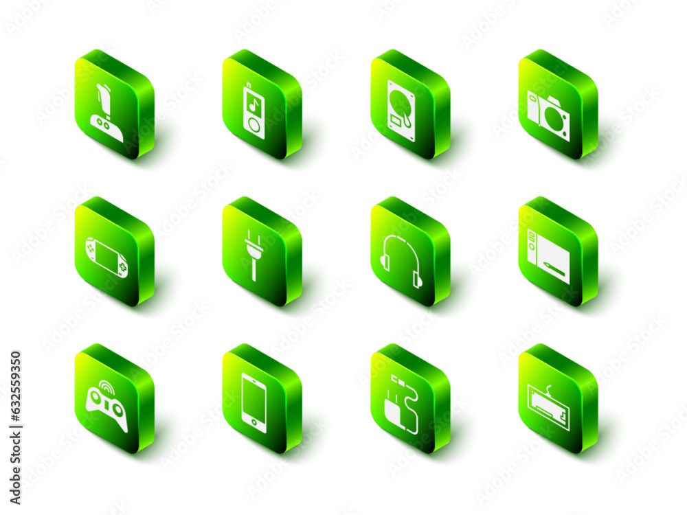 Set Music player, Hard disk drive HDD, Photo camera, Graphic tablet, Keyboard, Headphones, Charger and Smartphone, mobile icon. Vector Set Music player, Hard disk drive HDD, Photo camera, Graphic tablet, Keyboard, Headphones, Charger and Smartphone, mobile icon. Vector