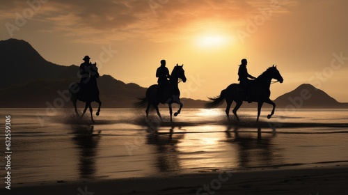 Elderly individuals riding horses by the shore