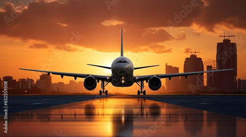Airplane passengers arrive at airport runway during a stunning sunset with city silhouette in the background photo
