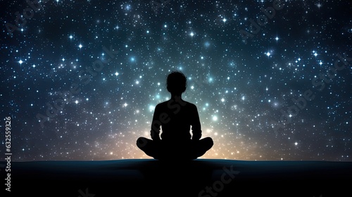 Human silhouette sitting amid starry background engrossed in yoga meditation for relaxation and psychological well being © HN Works