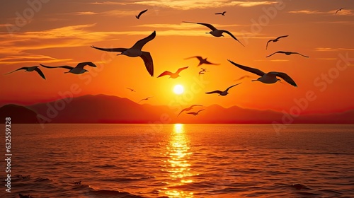 Gorgeous Thai sunset with seagull silhouettes flying over the sea