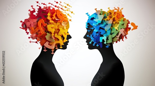 Abstract brain shapes representing the rational and irrational thinking of two individuals photo