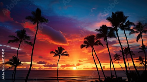 Colorful dramatic sunset sky over Waikiki with palm tree silhouettes ocean foreground © HN Works