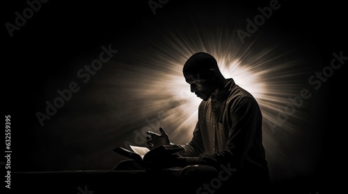 Photographie A man holds a Bible prays in black and white with a light flare