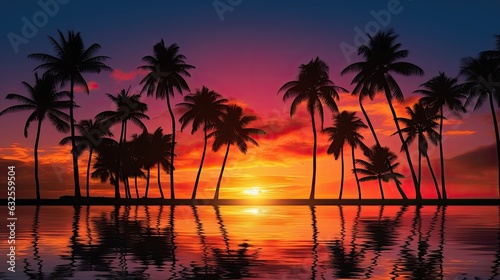 Fotografering Silhouette of palm trees at tropical sunrise or sunset
