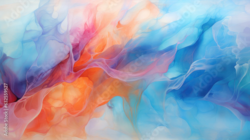 abstract background with blue, orange and red ink in water. created with generative AI technology.