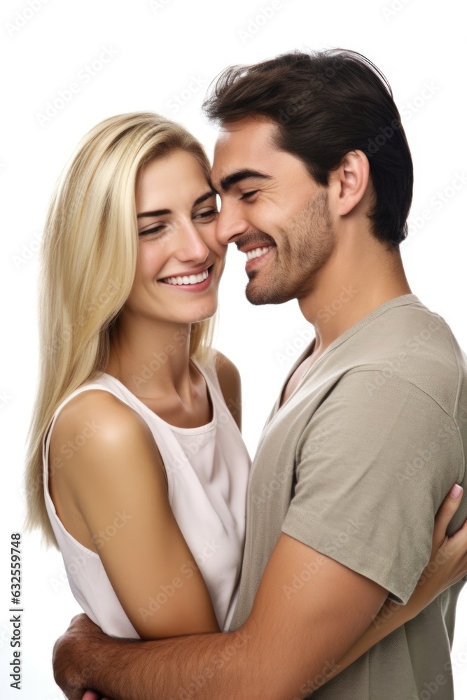 studio shot of a young couple talking and hugging against a white background studio shot of a young couple talking and hugging against a white background