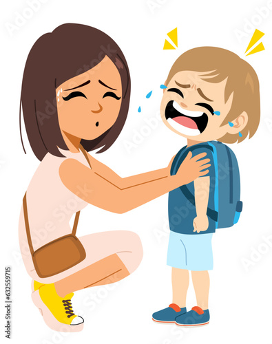 Vector illustration of cute small boy crying on first day of school. Mother consoling little son