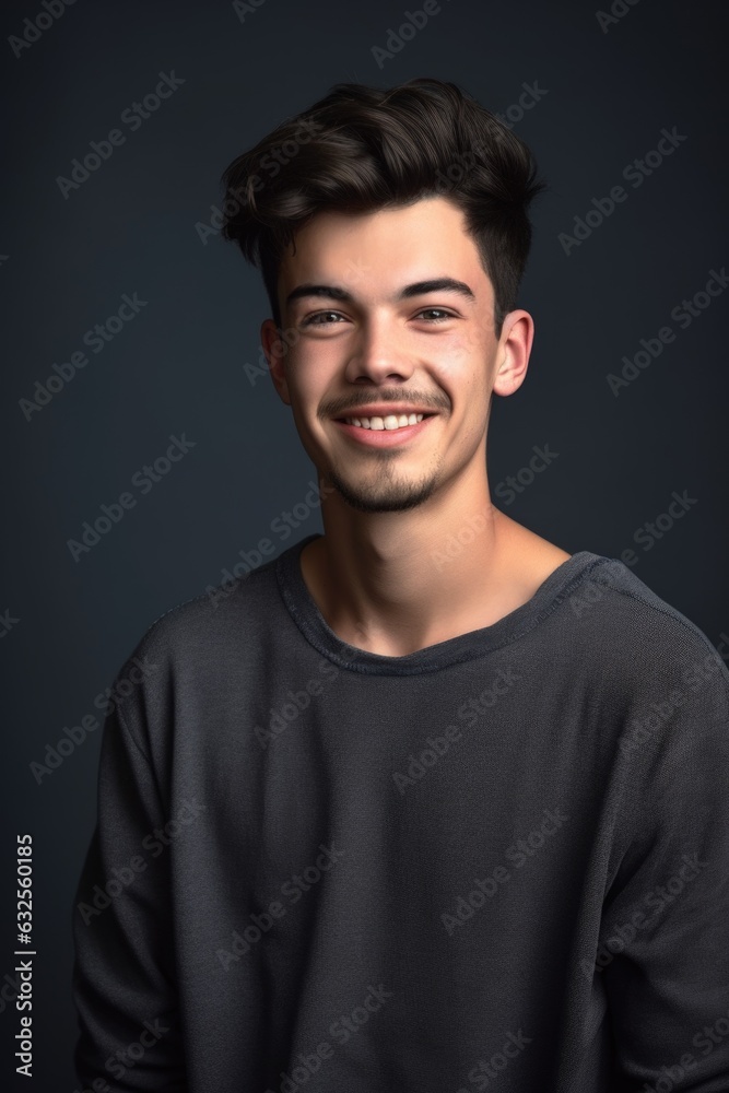 studio shot of a young man posing against a gray background