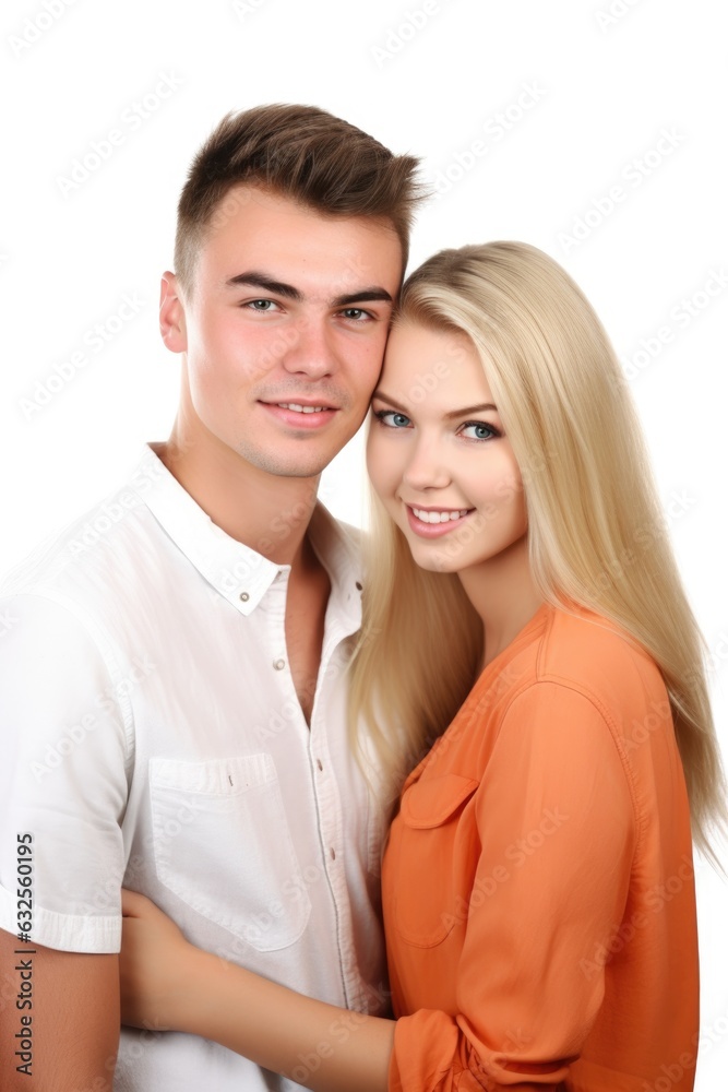 studio shot of a young couple standing together against a white background