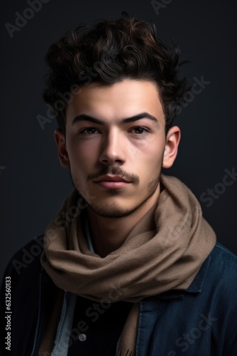 studio shot of a young man posing against a gray background