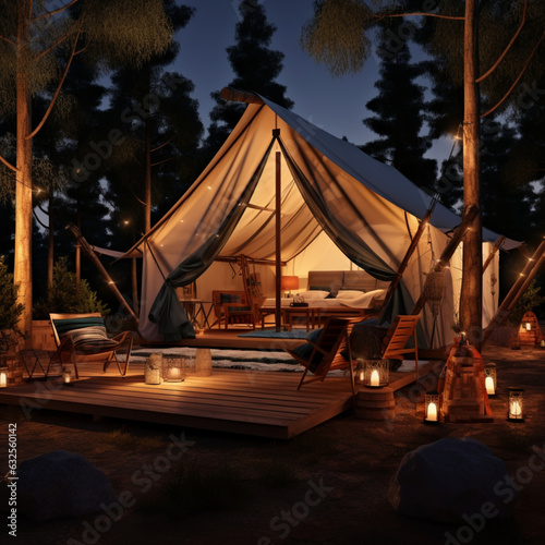 Tent interior and exterior with burning torches, lamps and wooden chairs at glamping, forest around, dusk © natalystudio