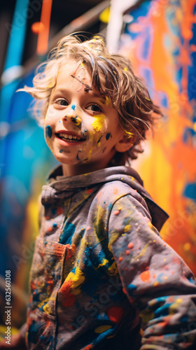 A delightful portrait of a young child covered in paint, a vivid testament to their artistic exploration and carefree creative spirit.