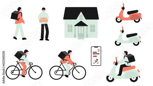 Food delivery characters illustration, food delivery driver, food delivery service.