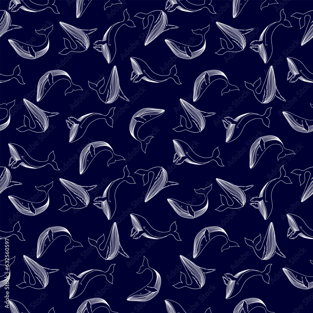 Fototapeta premium Sperm whale seamless pattern. Colorful whale vector background.