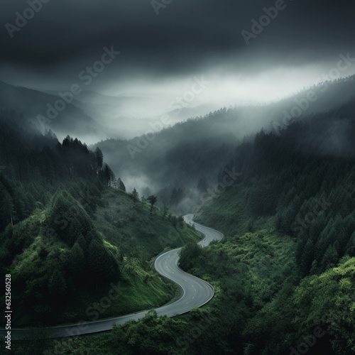 landscape with road in mountain and fog