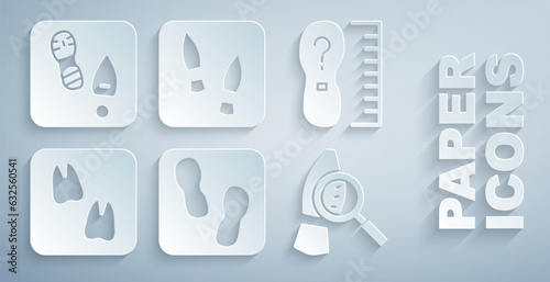 Set Human footprints shoes, Square measure size, Camel paw, Magnifying glass with footsteps, and icon. Vector