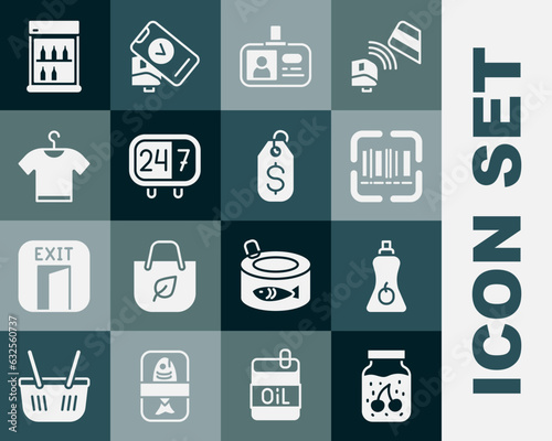 Set Jam jar, Sauce bottle, Scanner scanning bar code, Identification badge, Clock 24 hours, T-shirt, Commercial refrigerator and Price tag with dollar icon. Vector