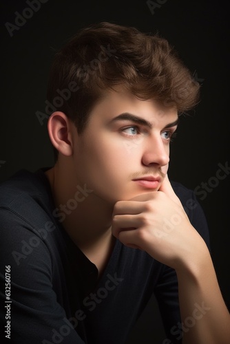 studio shot of a thoughtful young man with his hand on his chin