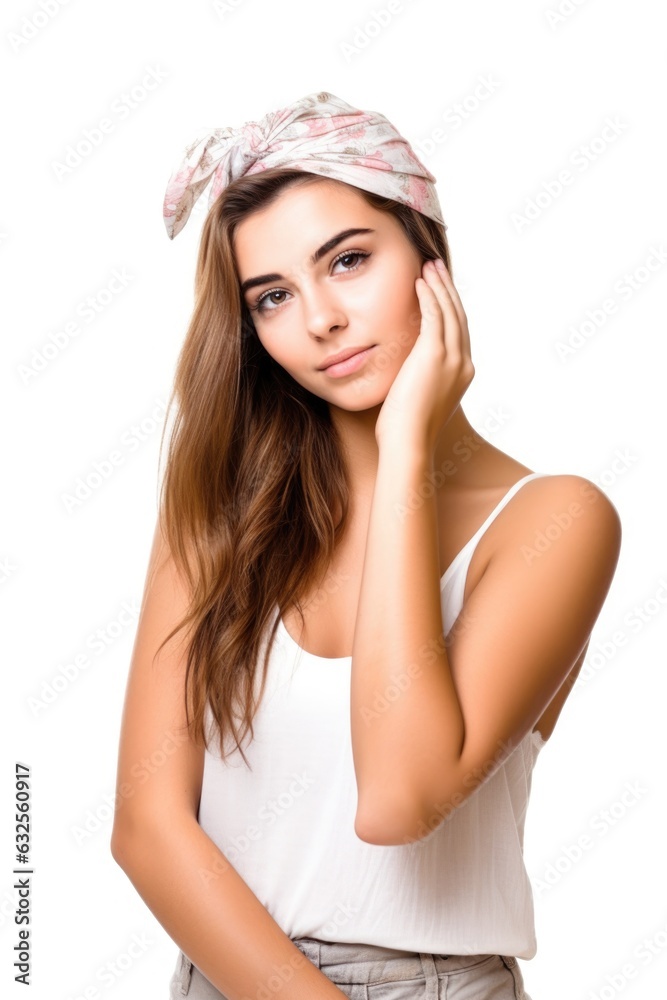 studio shot of a beautiful young woman standing with her hand on her head isolated on white studio shot of a beautiful young woman standing with her hand on her head isolated on white