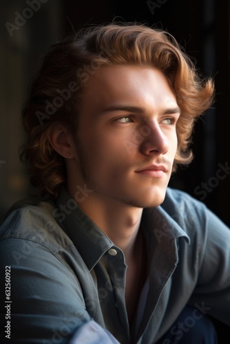 a handsome young man looking away thoughtfully