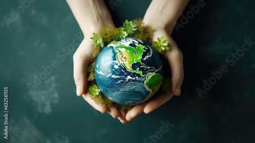 Environment Earth Day In the top view the hands holding green earth. care, saving and energy are renewable and the environment is sustainable. Save Earth. Concept of the Environment World Earth Day.