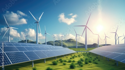 Renewable energy background with green energy as wind turbines and solar panels.