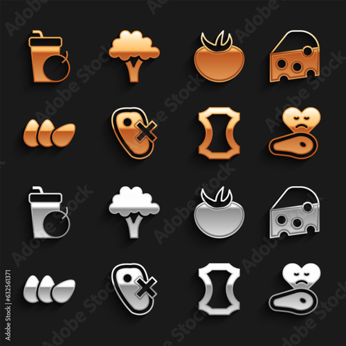 Set No meat, Cheese, Steak, Leather, Chicken egg, Tomato, Fresh smoothie and Broccoli icon. Vector