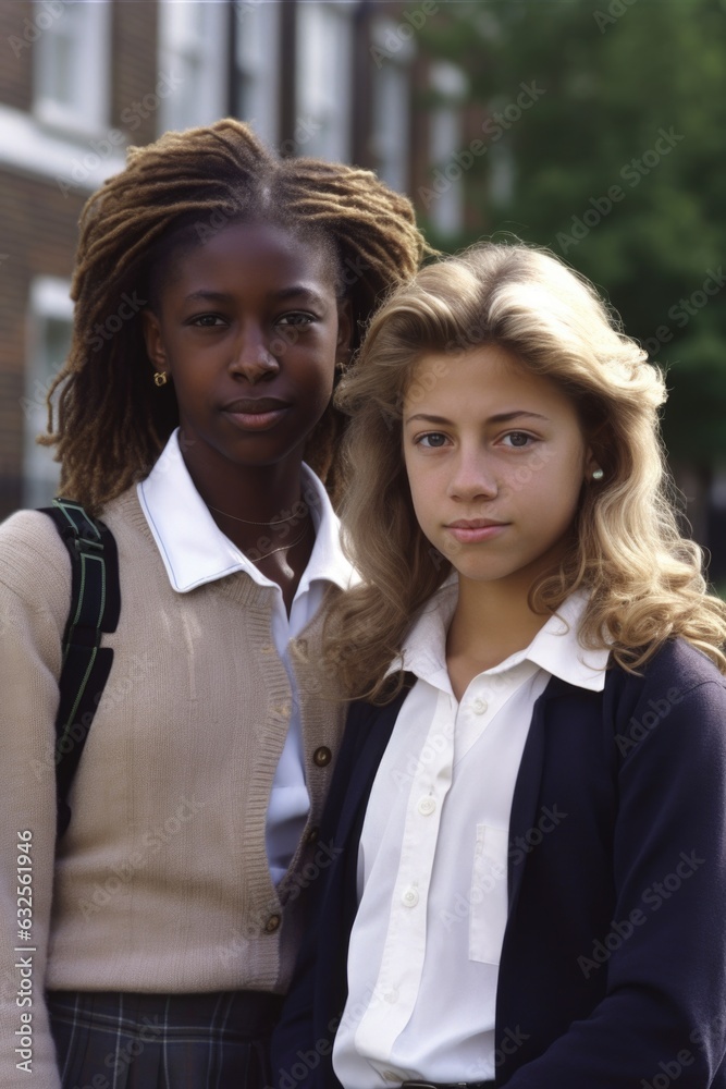 portrait of a young school girl standing with her teacher outside portrait of a young school girl standing with her teacher outside