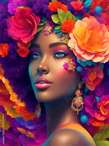 3D Colorful Illustration of Beautiful Black Woman, empowerment woman day, Floral Concept, Magical Modern Bright Shiny Colour Make-Up, Generative AI