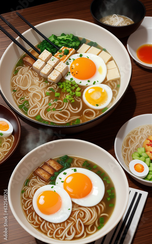 Asian style soup with udon, ramen, noodles, pork, boiled eggs, mushrooms and green onions close-up in a bowl on the table.