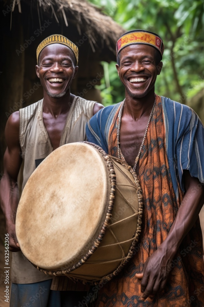 portrait of two smiling men carrying a drum in their village