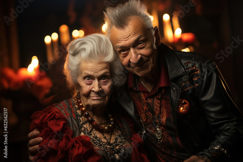 Senior couple dressed up in Halloween costume. Generate