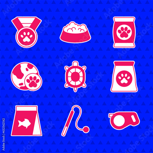 Set Turtle, Pet cat toy, Retractable cord leash, Bag of food for pet, Food fish, World, and award symbol icon. Vector