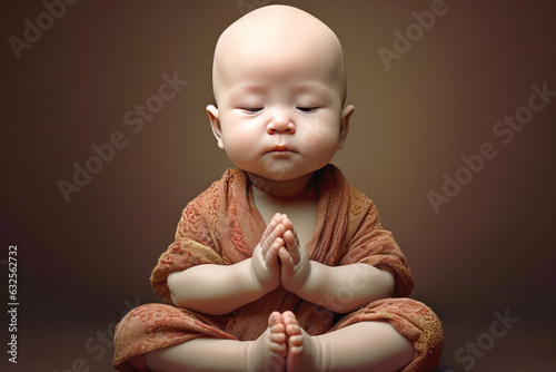 Meditation. Baby buddha sitting in lotus, meditation pose with closed eyes, enjoys peaceful atmosphere, holds hands in praying gesture, has sense of inner peace. Generated Ai