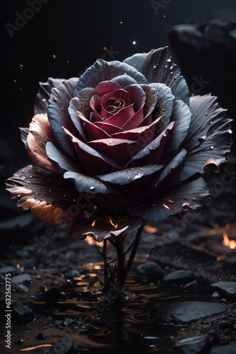 stary blackRose flower, splash arts, aesthetic for Tshirt design, highly detailed, darktone, ashes, embers photo