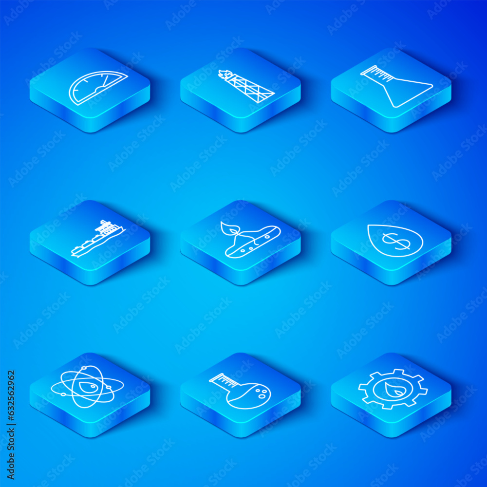 Set line Atom, Alcohol or spirit burner, Oil petrol test tube, drop with dollar, tanker ship, Speedometer and industrial factory building icon. Vector Set line Atom, Alcohol or spirit burner, Oil petrol test tube, drop with dollar, tanker ship, Speedometer and industrial factory building icon. Vector