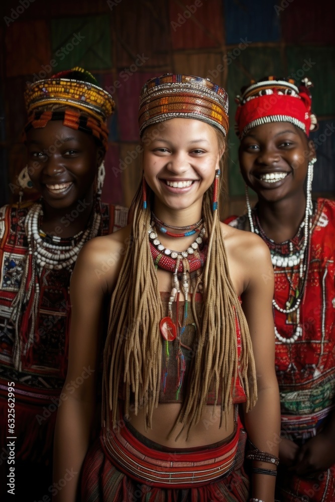 portrait of a smiling young girl standing in front of two ethnic dancers