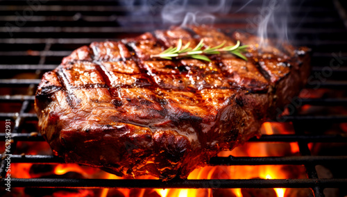 Flying beef steaks over flaming grill grid, isolated on black background. Barbecue and cooking. AI Generated
